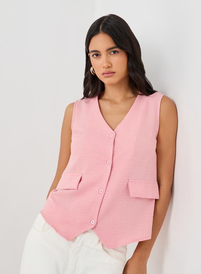 Styli Solid Flap Pocket Boxy Fit Waistcoat With Buttons - Image 1