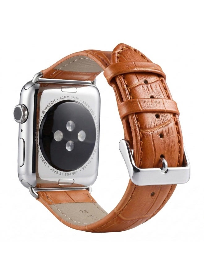 عام سوار ساعة من جلد التمساح من متجر Luxsy متوافق مع ساعات Apple Watch مقاس 42 مم، 44 مم، 45 مم، 46 مم، 49 مم، مزود بإبزيم من الفولاذ المقاوم للصدأ، سوار بديل فاخر للرجال والنساء (بني فاتح) - Image 3