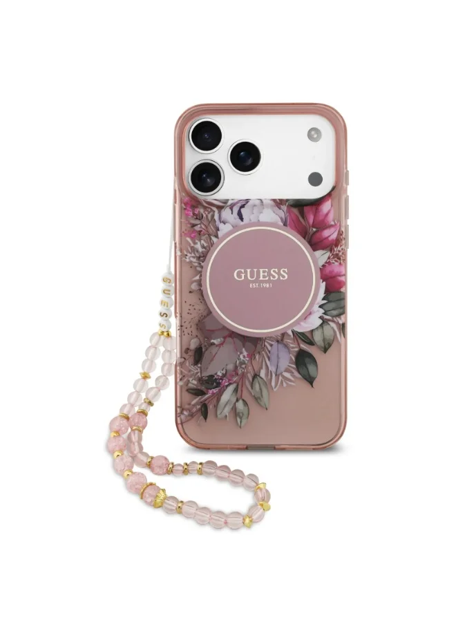 GUESS iPhone 17 Pro Max MagSafe Case IML With Flowers Pattern & Lanyard / Easy Snap On / Drop Protection / Slim Profile / Lightweight Back Cover - Pink