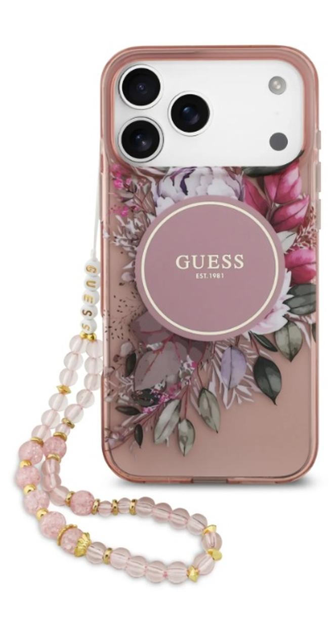 GUESS iPhone 17 Pro Max MagSafe Case IML With Flowers Pattern & Lanyard / Easy Snap On / Drop Protection / Slim Profile / Lightweight Back Cover - Pink - Image 1