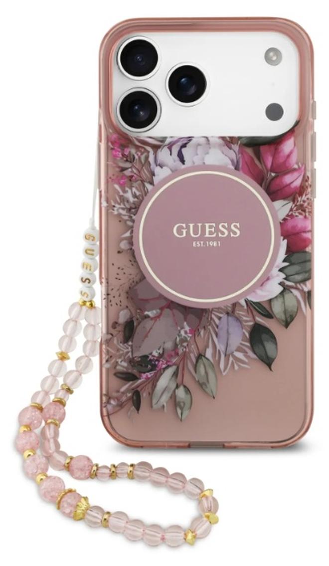 GUESS iPhone 17 Pro Max MagSafe Case IML With Flowers Pattern & Lanyard / Easy Snap On / Drop Protection / Slim Profile / Lightweight Back Cover - Pink - Image 1
