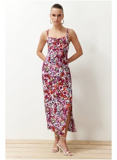 Pink Floral A-line Viscose Strap Midi Woven Dress TWOSS24EL00628
