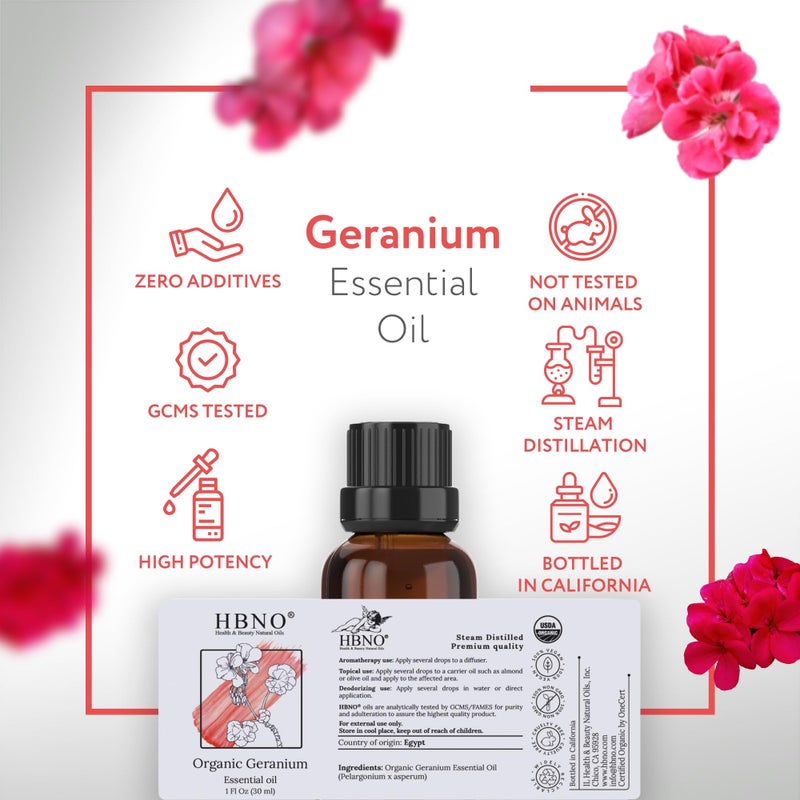 HBNO Organic Geranium Essential Oil - 1 oz (30ml) - USDA Certified Organic Geranium Essential Oil for Aromatherapy, Soap Making, DIY, Fragrances, Diffuser. - Image 4