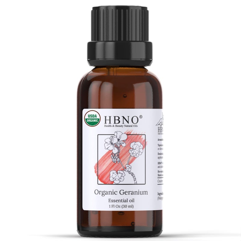 HBNO Organic Geranium Essential Oil - 1 oz (30ml) - USDA Certified Organic Geranium Essential Oil for Aromatherapy, Soap Making, DIY, Fragrances, Diffuser. - Image 1