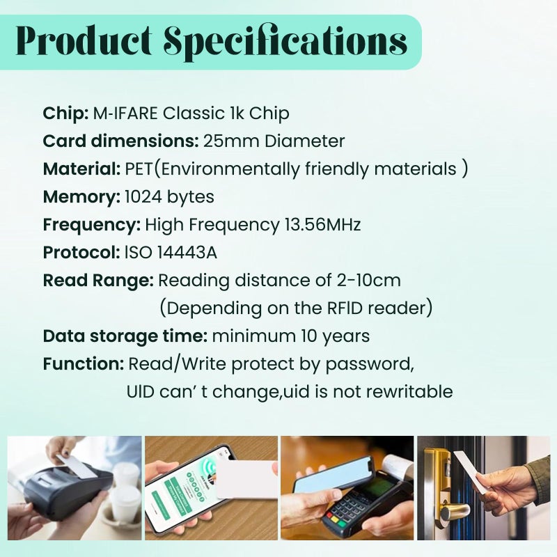 BABIQT 20 قطعة ملصقات بيبيكت ميفير كلاسيك 1K S50 RFID ملصقات NFC ملصقات ميفير الذكية ملصقات RFID ISO 14443A 13.56 ميجاهرتز ملصقات ميفير MF1 ذاتية اللصق بطاقات وصول تجارية قريبة 1 بوصة دائرية - Image 4
