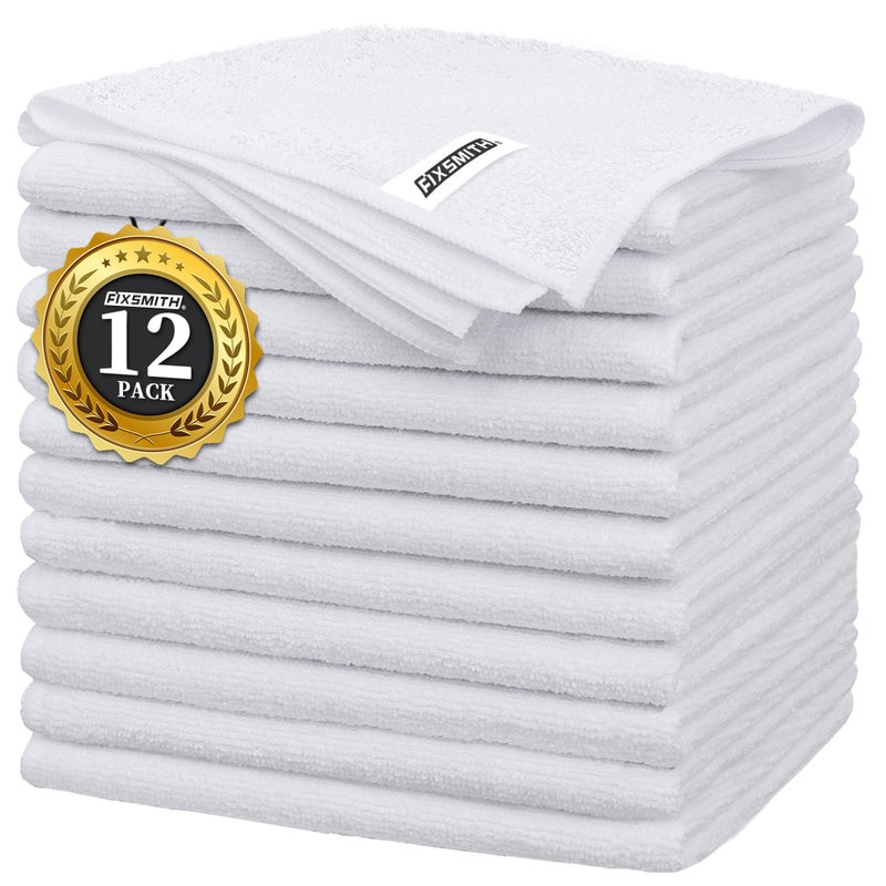 FIXSMITH White Microfiber Cleaning Cloth -Pack of 12, Highly Absorbent Cleaning Rags, 16"X12" All Purpose Cleaning Towels for Housekeeping, Kitchen, Car, Lint Free and Reusable Microfiber Towels - Image 1