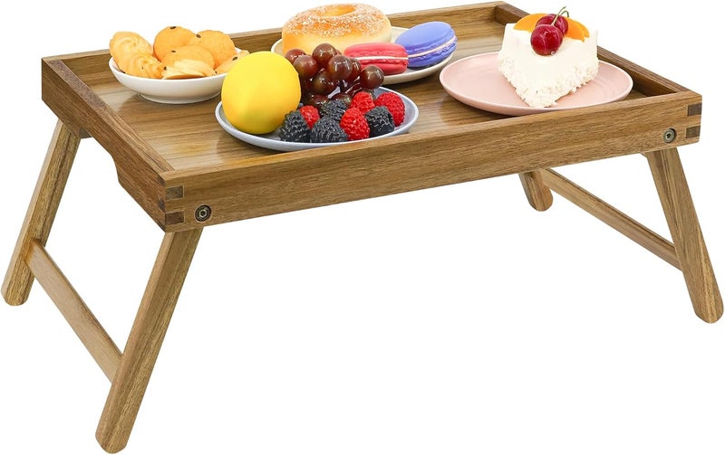VaeFae Acacia Bed Table Tray, Wooden Breakfast Tray with Folding Legs, Bed Tray for Eating and Laptop, Eating Trays for Bedroom, (2 Pack) - Image 2