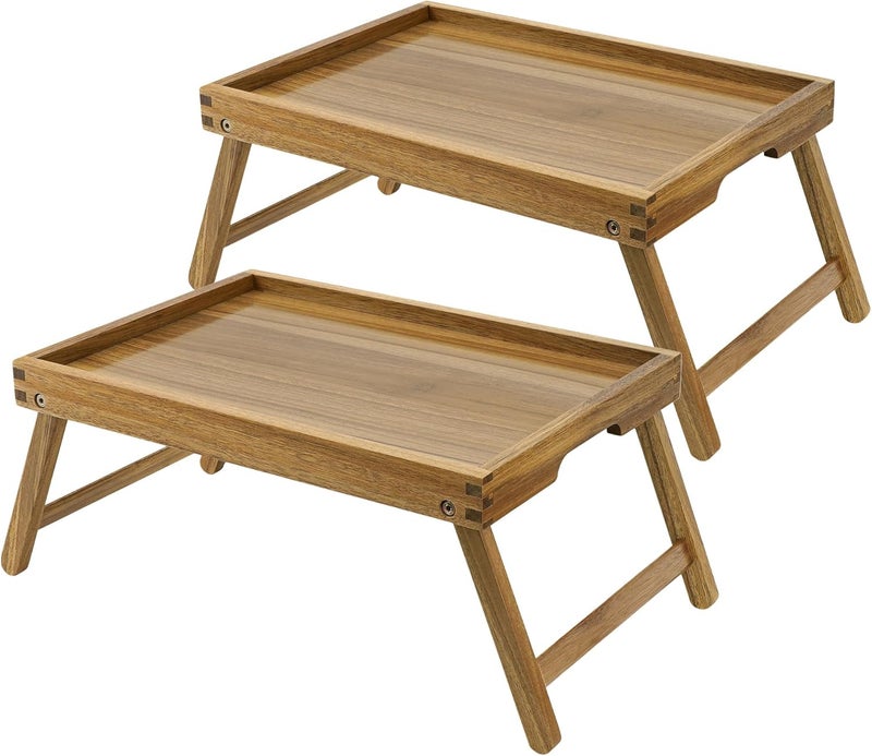 VaeFae Acacia Bed Table Tray, Wooden Breakfast Tray with Folding Legs, Bed Tray for Eating and Laptop, Eating Trays for Bedroom, (2 Pack) - Image 1