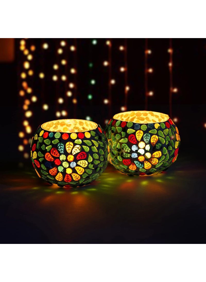 Webelkart WebelKart Set of 2 Mosaic Glass TeaLight Votive Candle Holder with Tea Light Candles Indoor Outdoor -Christmas Decorations Items (Multicolor, Glass)  - Image 1
