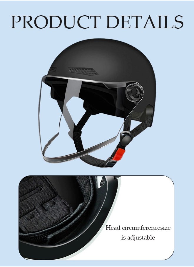 Open Face Helmet, scooter helmet with detachable goggles and ear protection, adjustable head circumference, shock and fall resistant, suitable for both men and women,black
