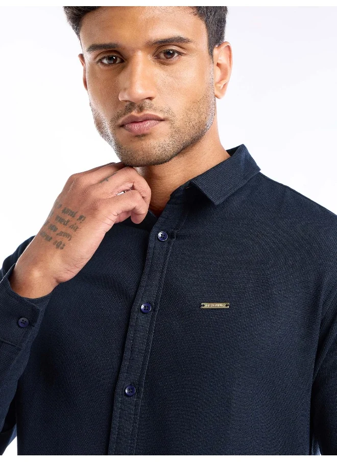Beyoung Navy Blue Waffle Textured Shirt for Men
