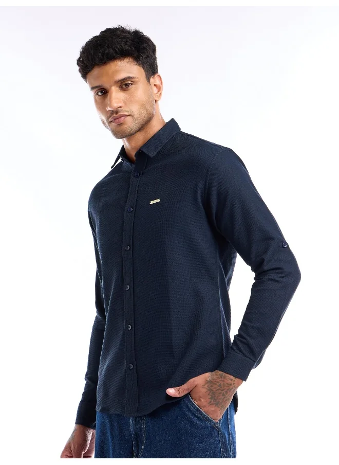 Beyoung Navy Blue Waffle Textured Shirt for Men