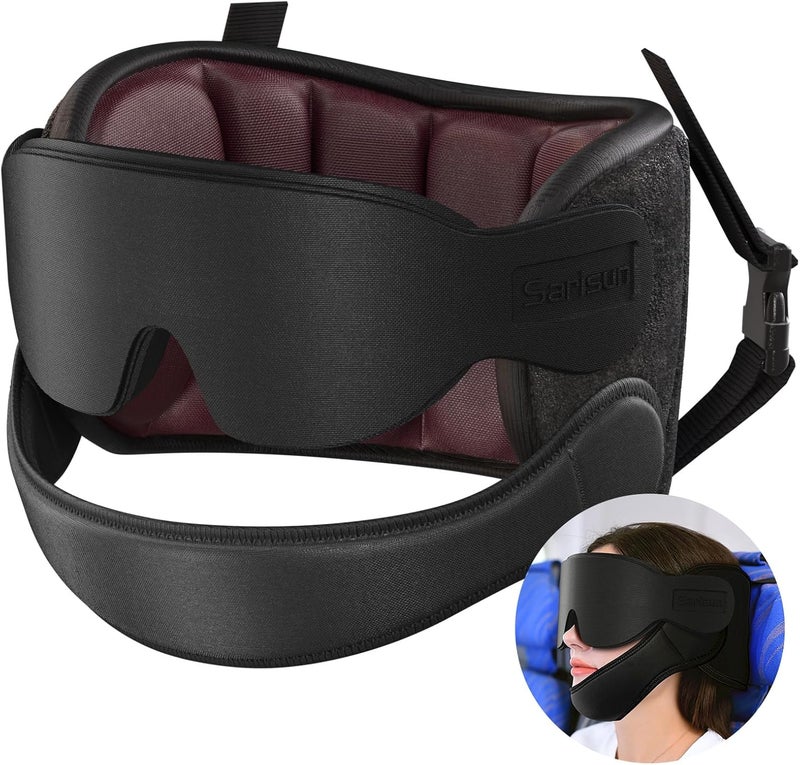 SARISUN Travel Pillows for Airplanes with Sleep Eye Mask, Chin Strap, Airplane Pillow for Long Flights, Car Road Trip, 360° Headrest, Stop Bobblehead, Red - Image 1
