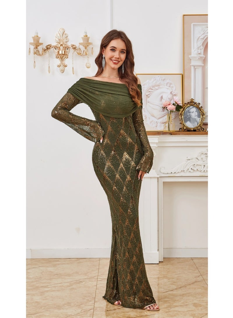 Olive Green Elegant Maxi Long sleeve dresses off the shoulder Sequin Evening Prom Dress For Christmas, Party, Wedding - Image 5