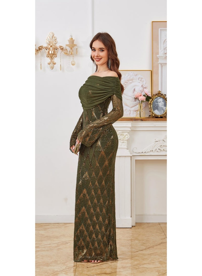 Olive Green Elegant Maxi Long sleeve dresses off the shoulder Sequin Evening Prom Dress For Christmas, Party, Wedding - Image 2