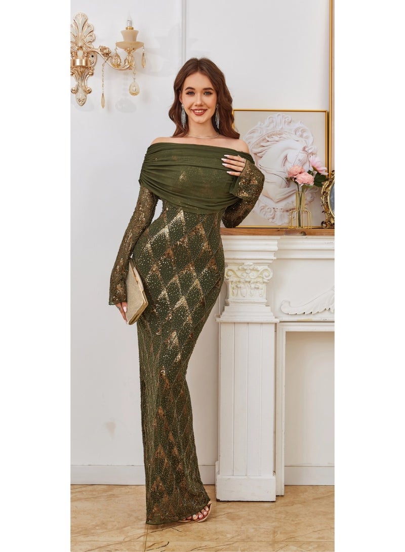 Olive Green Elegant Maxi Long sleeve dresses off the shoulder Sequin Evening Prom Dress For Christmas, Party, Wedding - Image 1