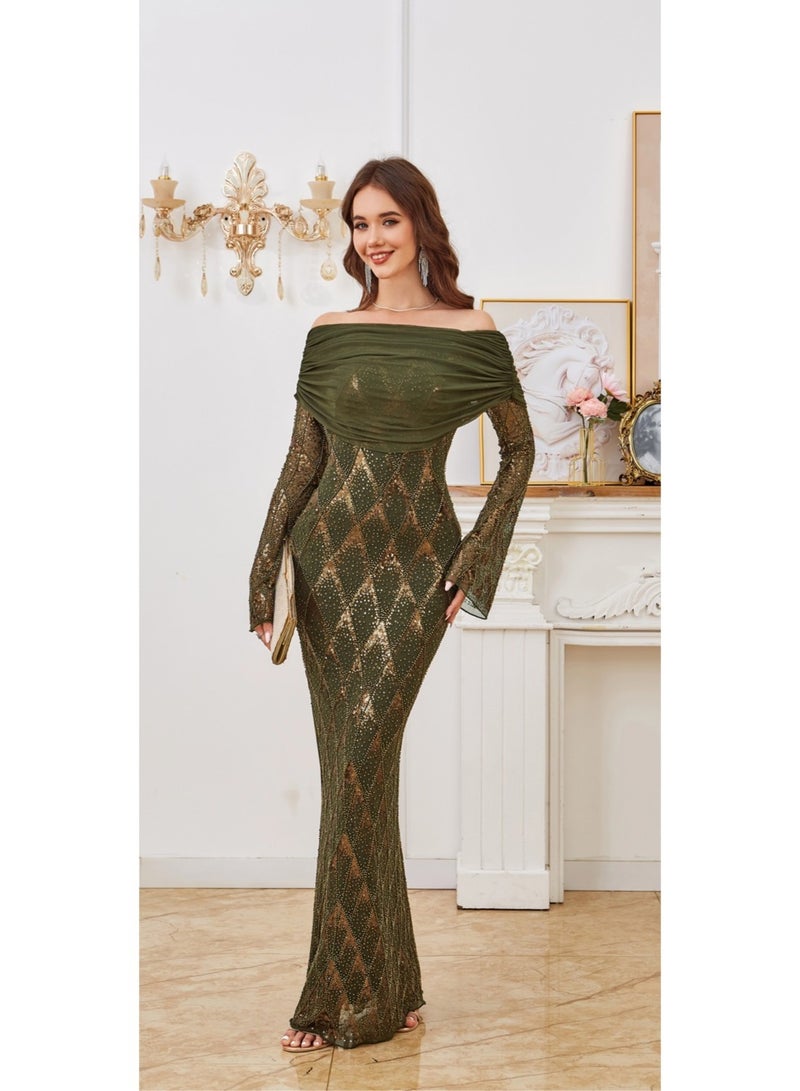 Olive Green Elegant Maxi Long sleeve dresses off the shoulder Sequin Evening Prom Dress For Christmas, Party, Wedding - Image 4