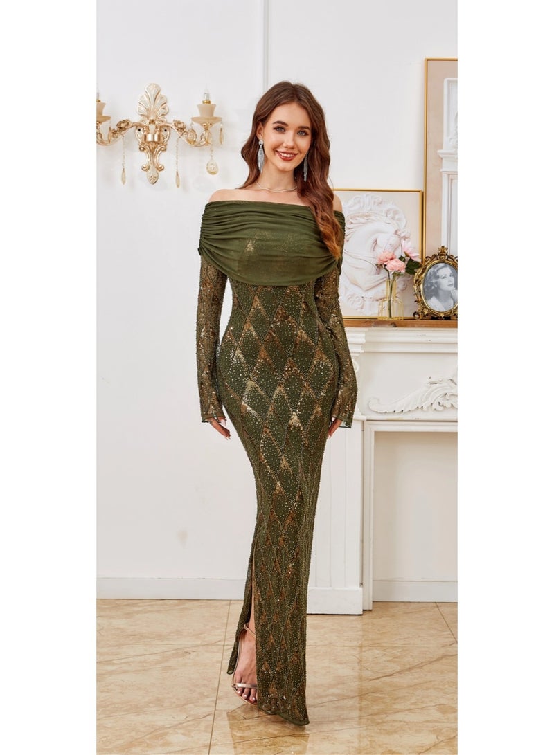 Olive Green Elegant Maxi Long sleeve dresses off the shoulder Sequin Evening Prom Dress For Christmas, Party, Wedding - Image 3