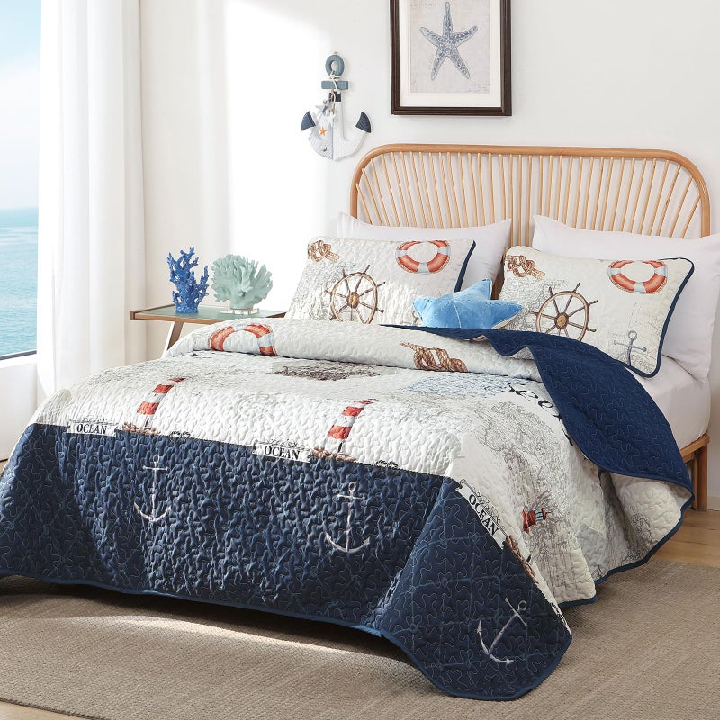 Djoymock Ocean Quilts Queen Size 3 Piece,Nautical Coastal Quilt Bedding Set with 2 Shams Soft Lightweight Beach Bedspread Coverlet Summer Reversible Microfiber Comforter Set for All Season, 96"x90" - Image 2