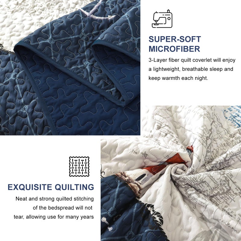 Djoymock Ocean Quilts Queen Size 3 Piece,Nautical Coastal Quilt Bedding Set with 2 Shams Soft Lightweight Beach Bedspread Coverlet Summer Reversible Microfiber Comforter Set for All Season, 96"x90" - Image 5