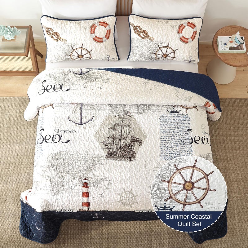 Djoymock Ocean Quilts Queen Size 3 Piece,Nautical Coastal Quilt Bedding Set with 2 Shams Soft Lightweight Beach Bedspread Coverlet Summer Reversible Microfiber Comforter Set for All Season, 96"x90" - Image 3