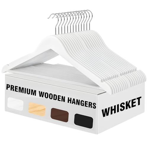 WHISKET - Lotus Premium Wooden Hangers- Vintage Style, Smooth Finish, Non-Slip Pant Bar, 360° Swivel Hook – for Closet Organization, Shirts, Coats, Jackets, and Dresses.(White) [Pack of 80] - Image 1