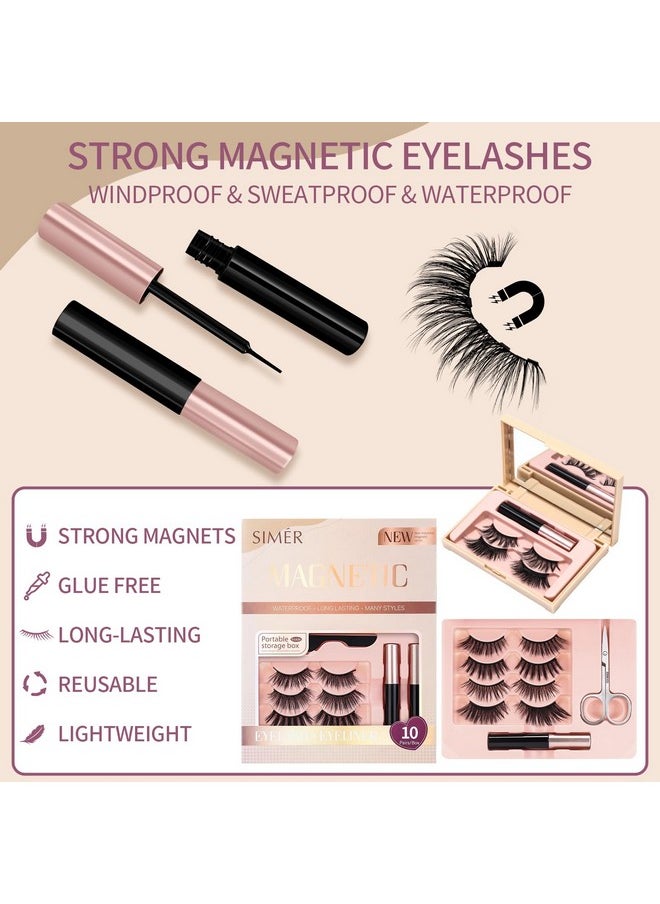 SIMER - Magnetic Eyelashes And Eyeliner Kit 10 Pairs 4D Magnetic Lashes Natural Look With Magnetic Eyeliners And Tweezers Reusable Magnetic False Lashes Easy To Wear No Glue Needed - Image 1