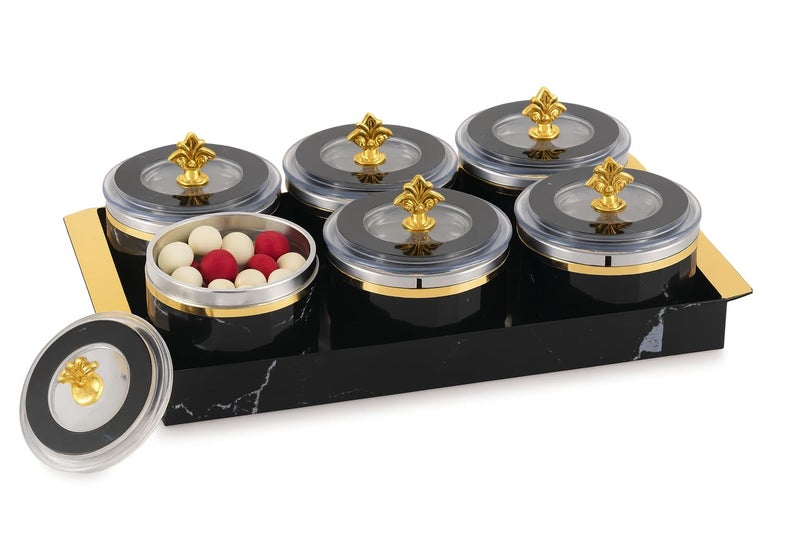 Nabhya Jupiter Multipurpose Dry Fruit Air Tight Storage Container With Inner Steel Bowl & Serving Tray for Home & Kitchen 500ml (Black, Set of 6) - Image 1