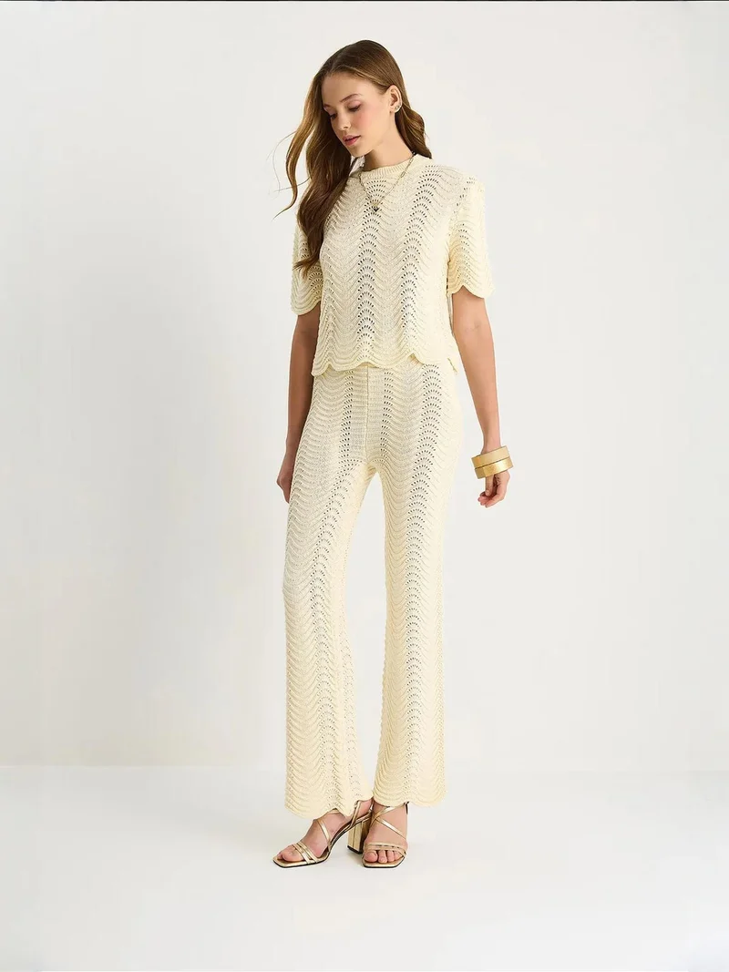 Bianco Lucci Cream Natural LUCCI Striped Knitwear Long High Waist Two-Piece Set for Women | Best Price UAE