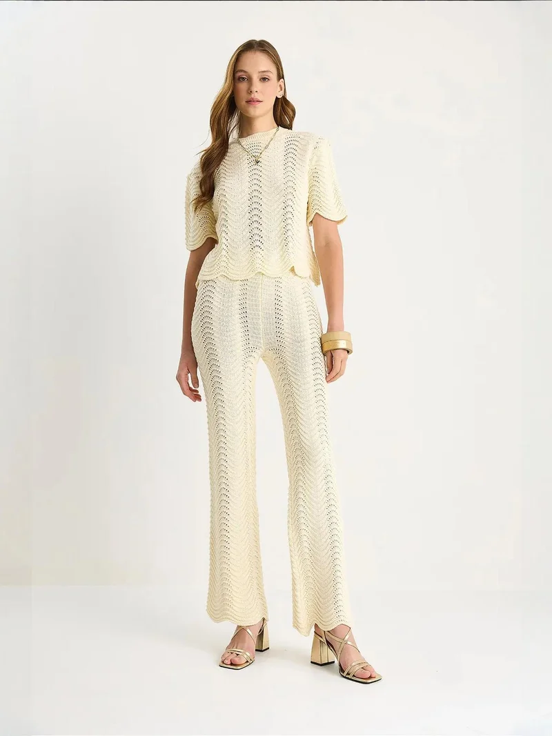 Bianco Lucci Cream Natural LUCCI Striped Knitwear Long High Waist Two-Piece Set for Women | Best Price UAE