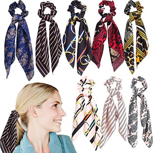 Belicia 8Pcs Silk Satin Hair Scrunchies Scarf Hair Ties with Flower Pattern Stripe Printed Hair Bobbles for Ponytail Holder - Image 1