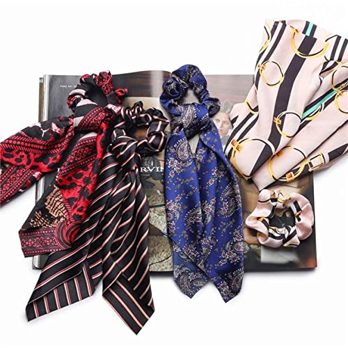 Belicia 8Pcs Silk Satin Hair Scrunchies Scarf Hair Ties with Flower Pattern Stripe Printed Hair Bobbles for Ponytail Holder - Image 3