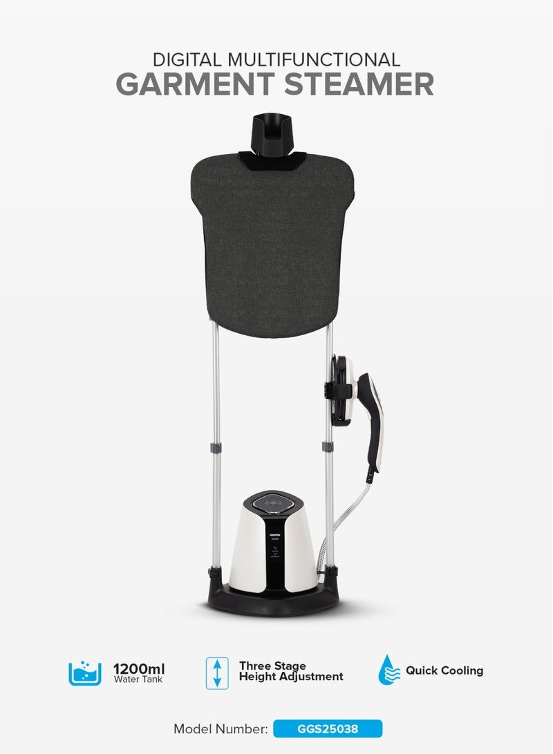 GEEPAS Digital Multifunction Garment Steamer With 1200 ML Water Tank, 3 Stage Height Adjustment, Continuous Steam, Rotatable 90 Degree Flat & Vertical, Ceramic Sole Plate 1200 ml 2500 W GGS25038 Black & white - Image 1