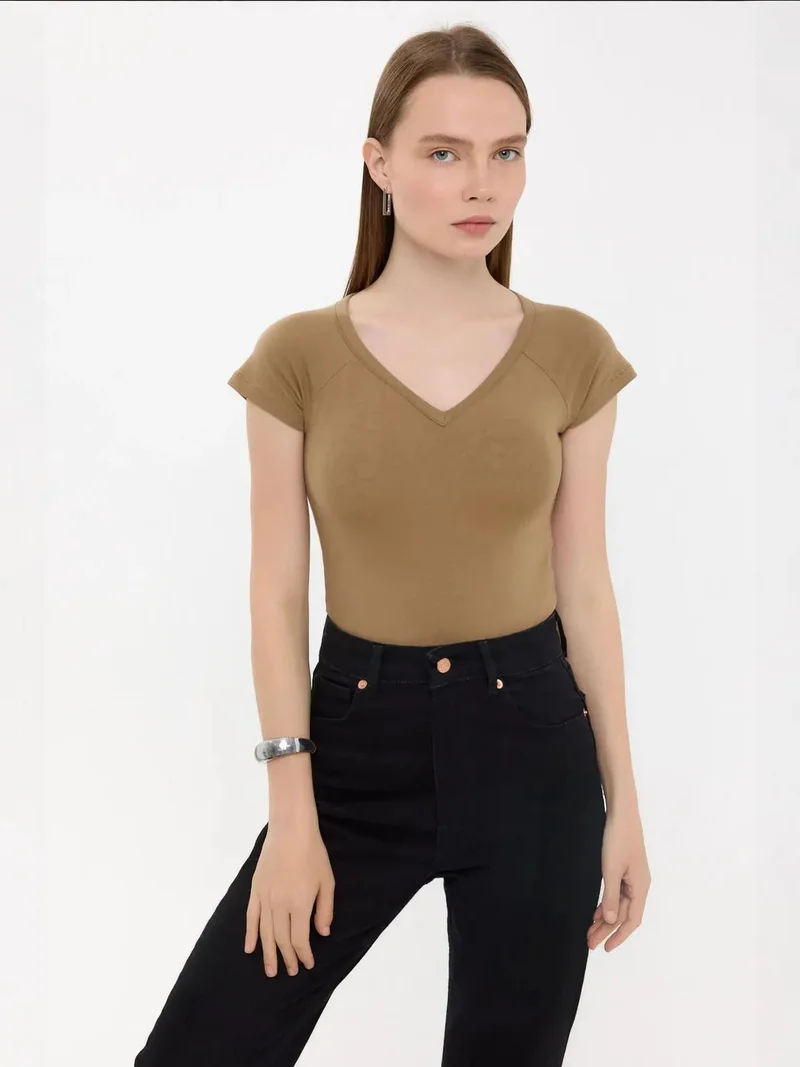 Hiccup Basic Cap-Sleeve V-Neck T-Shirt