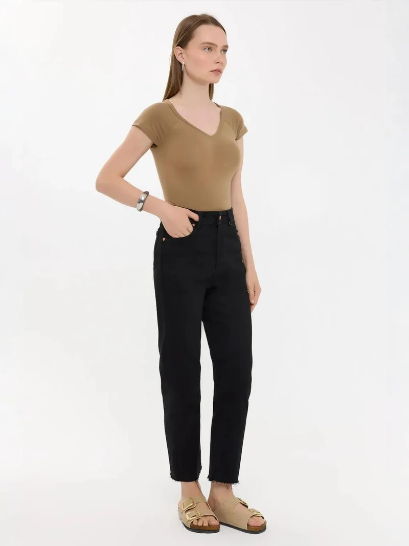 Hiccup Brown Basic Cap-Sleeve V-Neck T-Shirt for Women | Best Price UAE