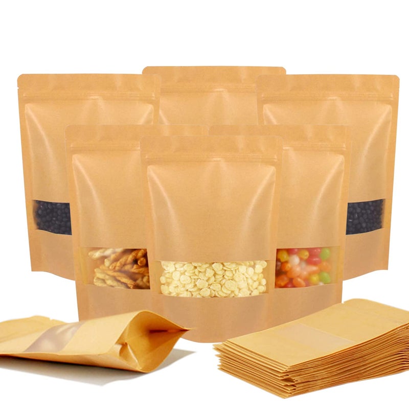 Belinlen 100pcs 18x26cm SelfSealing Kraft Paper Bag with Window Resealable Kraft Stand Up Pouches Kraft Zip Lock Food Storage Bags Multipurpose for Dried Fruit Coffee Tea Seeds 708x1027