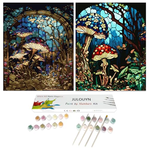 JULOUYN 2 Pack Paint by Numbers Kit for Adults Beginner Forest Mushroom DIY Canvas Art Kit with Brushes Acrylic Paints for Home Decor 16x20 in - Image 1