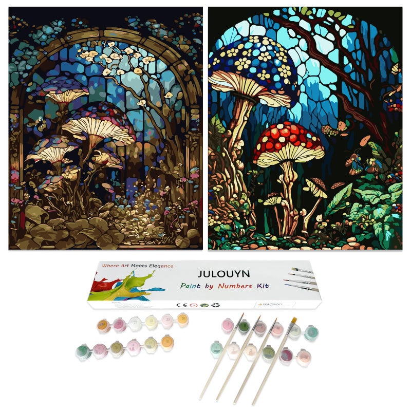 JULOUYN 2 Pack Paint by Numbers Kit for Adults Beginner Forest Mushroom DIY Canvas Art Kit with Brushes Acrylic Paints for Home Decor 16x20 in - Image 2