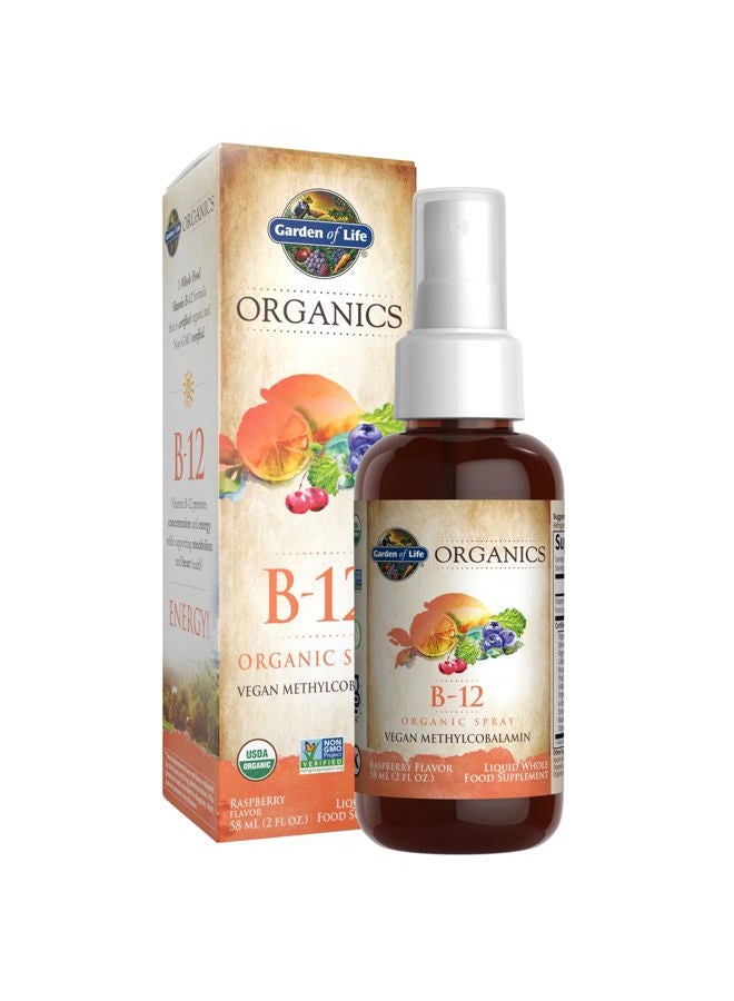 Garden of Life Organics B-12 Spray with Methylcobalamin – Liquid Vitamin Spray for Energy, Metabolism & Heart Health Support, Raspberry Flavor, 2 Fl Oz Bottle, 140 Servings - Image 1