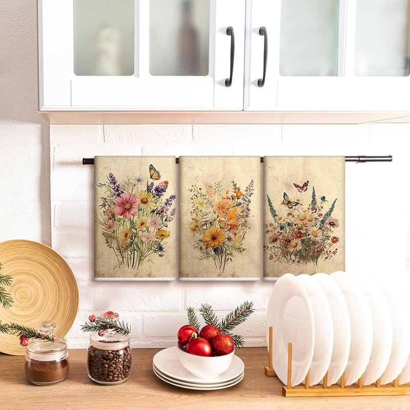 Bencailor 6 Pcs Wildflowers Kitchen Towels Decorative Sets Dish Towels Absorbent Fast Drying Hand Tea Vintage Hanging Reusable Cleaning Dishcloths for Cooking Farmhouse Bathroom Accessory - Image 4