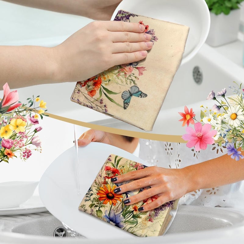 Bencailor 6 Pcs Wildflowers Kitchen Towels Decorative Sets Dish Towels Absorbent Fast Drying Hand Tea Vintage Hanging Reusable Cleaning Dishcloths for Cooking Farmhouse Bathroom Accessory - Image 2