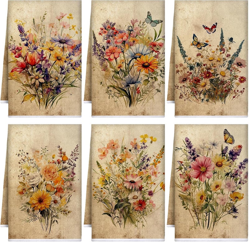 Bencailor 6 Pcs Wildflowers Kitchen Towels Decorative Sets Dish Towels Absorbent Fast Drying Hand Tea Vintage Hanging Reusable Cleaning Dishcloths for Cooking Farmhouse Bathroom Accessory - Image 1