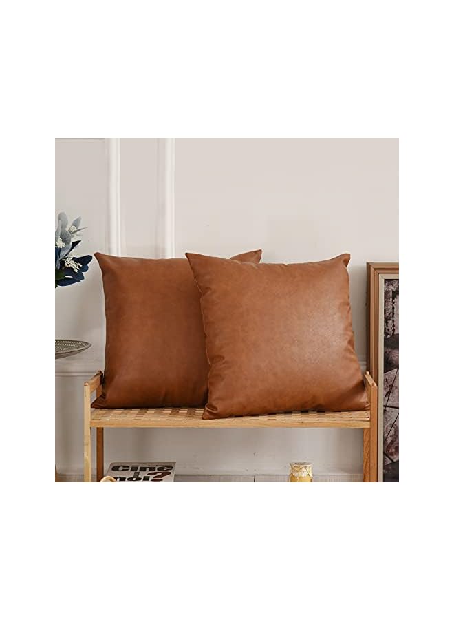 The Bros أغطية وسائد رمي من الجلد الصناعي، مجموعة من 2 بحجم 18 × 18 بوصة بلون بني كوجناك الفاخر، أغطية وسائد مربعة زخرفية عصرية لغرفة النوم، غرفة المعيشة، الأريكة، السرير (بني، 18" × 18") - Image 2
