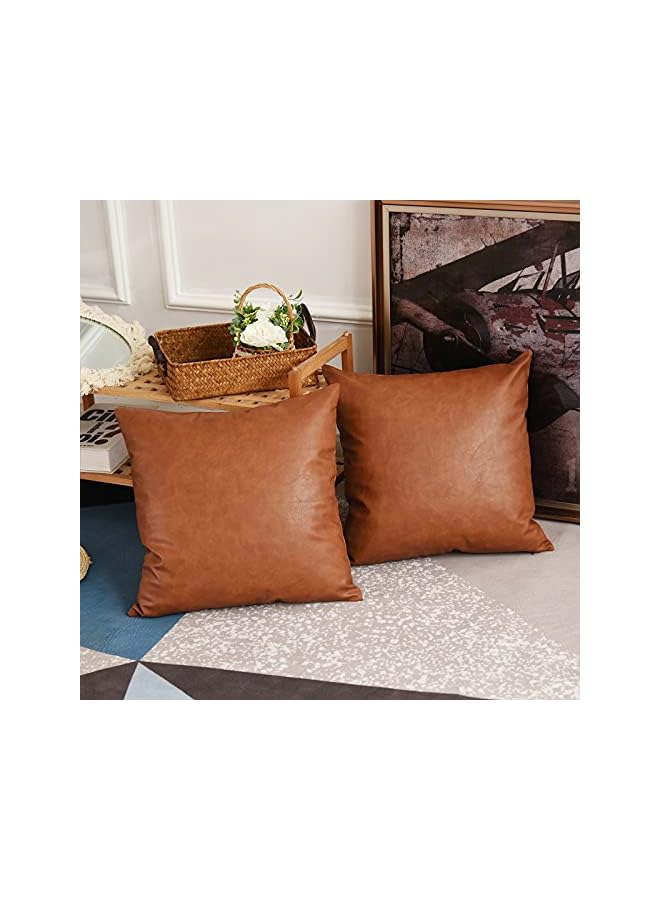 The Bros أغطية وسائد رمي من الجلد الصناعي، مجموعة من 2 بحجم 18 × 18 بوصة بلون بني كوجناك الفاخر، أغطية وسائد مربعة زخرفية عصرية لغرفة النوم، غرفة المعيشة، الأريكة، السرير (بني، 18" × 18") - Image 5