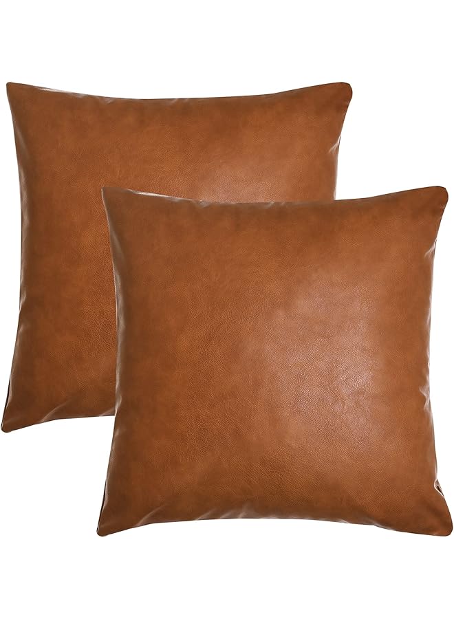 The Bros أغطية وسائد رمي من الجلد الصناعي، مجموعة من 2 بحجم 18 × 18 بوصة بلون بني كوجناك الفاخر، أغطية وسائد مربعة زخرفية عصرية لغرفة النوم، غرفة المعيشة، الأريكة، السرير (بني، 18" × 18") - Image 1