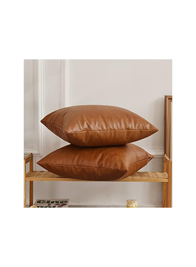 The Bros أغطية وسائد رمي من الجلد الصناعي، مجموعة من 2 بحجم 18 × 18 بوصة بلون بني كوجناك الفاخر، أغطية وسائد مربعة زخرفية عصرية لغرفة النوم، غرفة المعيشة، الأريكة، السرير (بني، 18" × 18") - Image 4