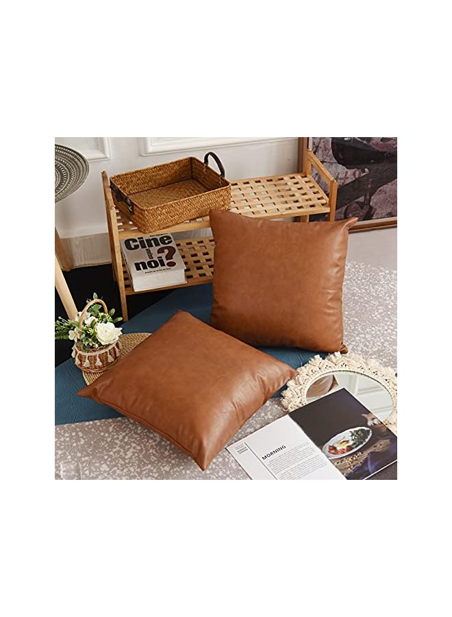 The Bros أغطية وسائد رمي من الجلد الصناعي، مجموعة من 2 بحجم 18 × 18 بوصة بلون بني كوجناك الفاخر، أغطية وسائد مربعة زخرفية عصرية لغرفة النوم، غرفة المعيشة، الأريكة، السرير (بني، 18" × 18") - Image 3