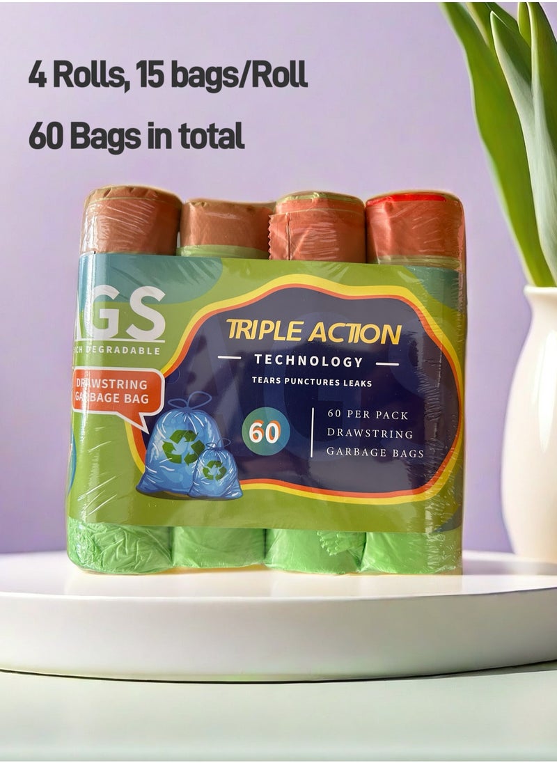 ShineShe Garbage Bags Biodegradable Compact Roll Green 45x50cm (15pc x 4Rolls) 60 bags, Drawstring garbage bag  - Image 1