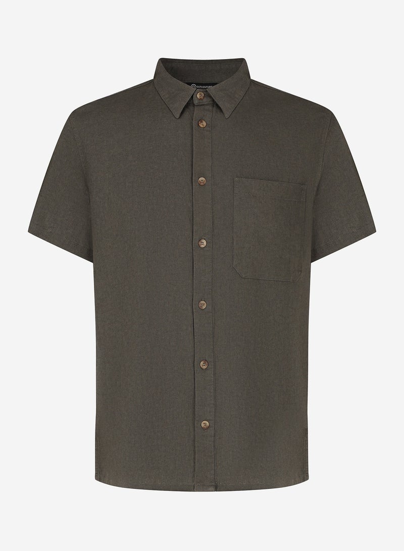 Outventure Men's Shirt, Dark Brown, 55% Linen, 45% Viscose, Relaxed Fit, Breathable Fabric, Chest Pocket, Ideal for Travel & Outdoor Adventures - Image 1