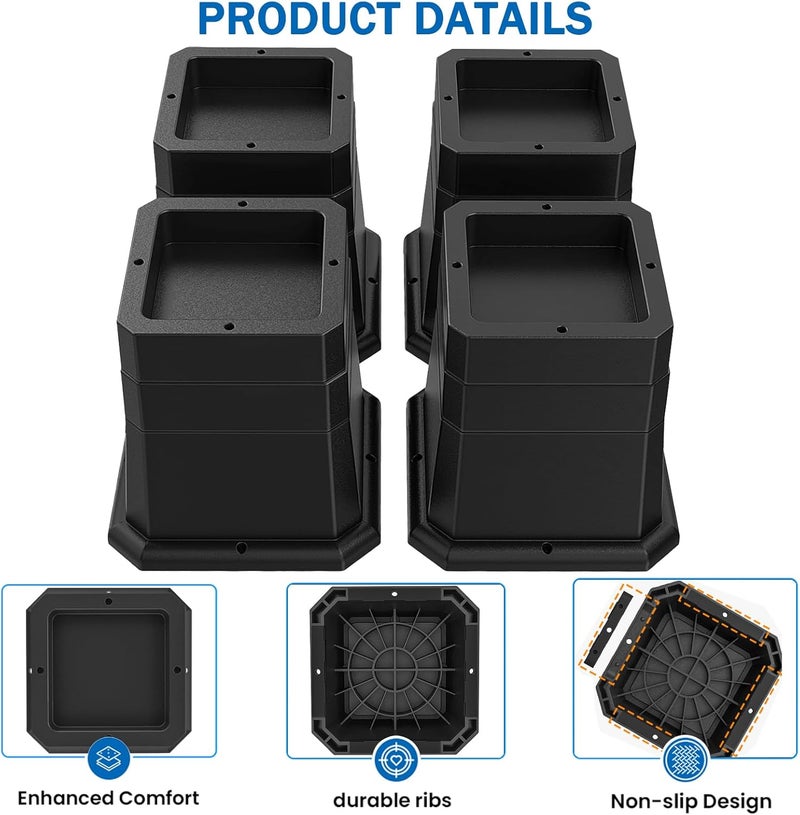 ANNKUT Bed Risers 4 Inch Heavy Duty,Elevation in Heights 2,3 or 4 Inch Furniture Risers for Chair Table and Desk Legs Lifting-Bed Lifts Risers(Set of 4 Riser, Black) - Image 3
